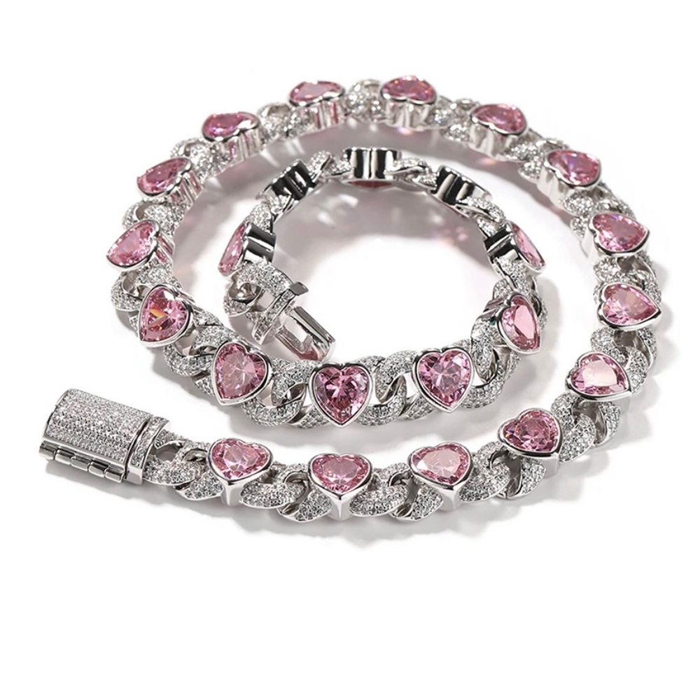 Pink Heart Diamond Miami Cuban Link 18” Chain